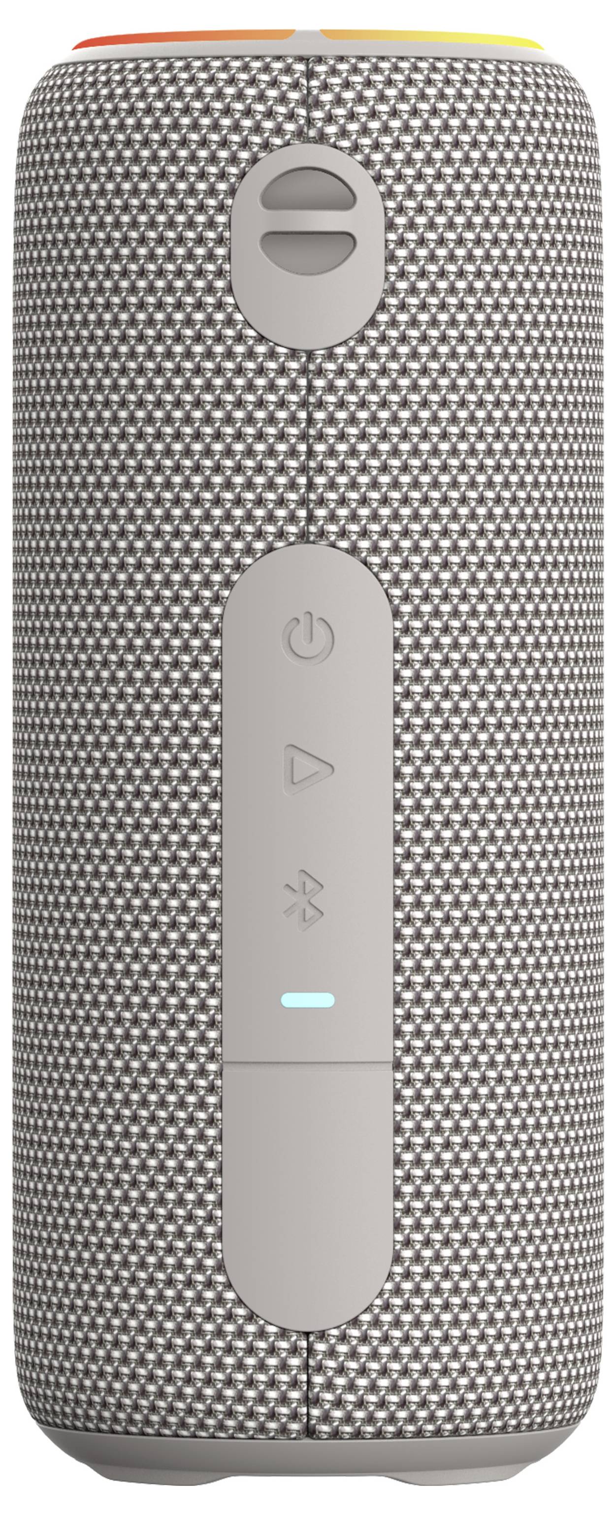 Un haut-parleur Bluetooth portable cylindrique recouvert de tissu gris et blanc, doté de boutons de commande sur l'avant et d'un affichage LED.