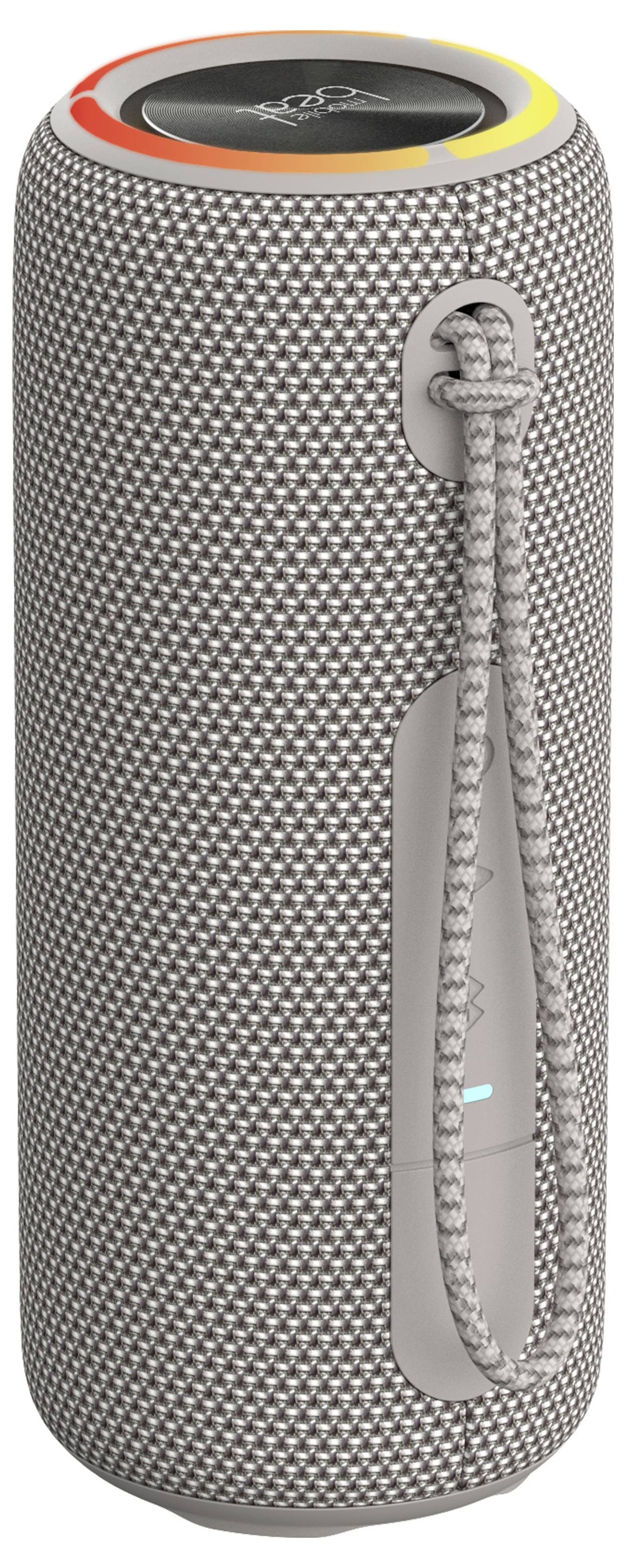 Enceinte Bluetooth portable au design cylindrique, surface en tissu gris, barre LED colorée sur le dessus, avec une sangle de transport pratique.