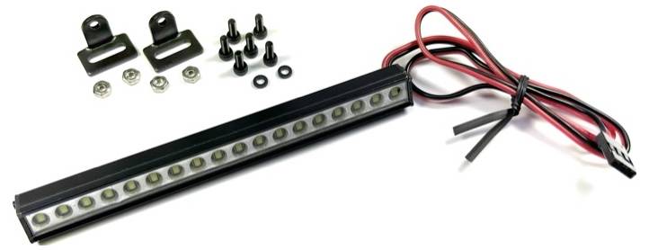 Barre lumineuse LED avec câble et accessoires de fixation et vis sur fond blanc.