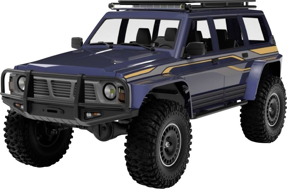 Un tout-terrain bleu avec de grandes roues et un porte-bagages sur le toit. Le véhicule est visible de l'avant gauche.