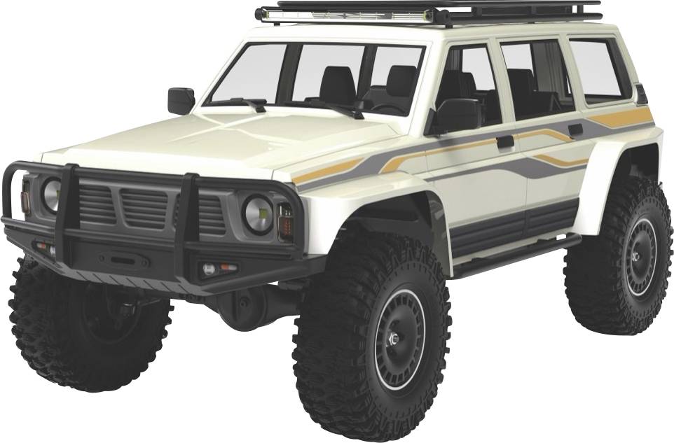 Un tout-terrain blanc avec de grandes roues et un porte-bagages de toit. Le véhicule présente des bandes jaunes et grises le long de ses flancs.