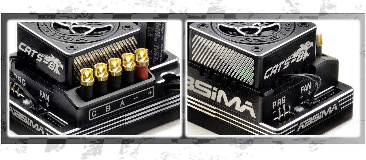 Deux gros plans d'un appareil électronique portant les inscriptions 'CATS-RX' et 'ABSIMA'. À gauche : bornes C, B, A et câble de batterie. À droite : connexions pour PRG et FAN.