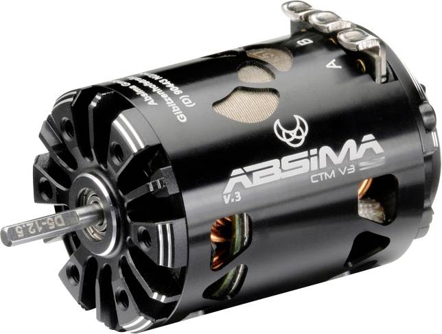 Un moteur électrique noir avec des détails argentés et le logo 'Absima CTM V3' ; conception compacte avec des ouvertures de refroidissement.