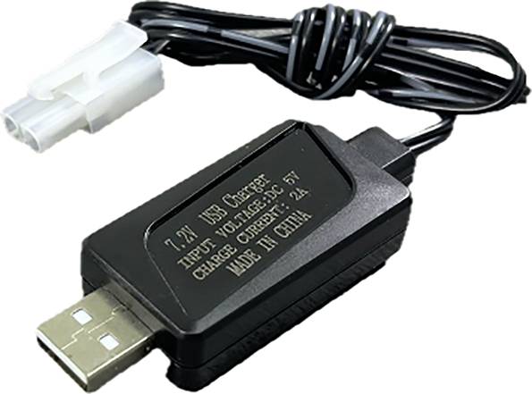 Chargeur USB avec boîtier noir et fiche USB. L'étiquette indique une tension d'entrée de 12V DC et un courant de sortie de 5V.