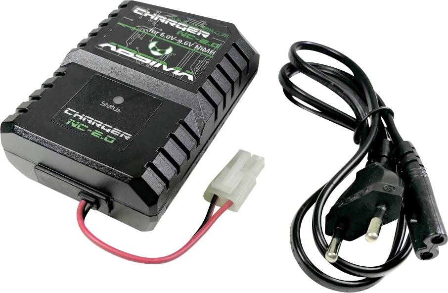 Un chargeur avec une fiche secteur et un câble de connexion pour batteries NiMH. Des marquages sur le boîtier indiquent les informations de charge.