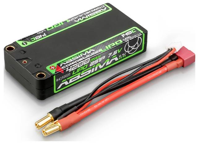 Batterie LiPo d'Absima de 4000mAh, 7,6V, 140C, avec deux bornes dorées et câbles rouges, adaptée aux véhicules RC.