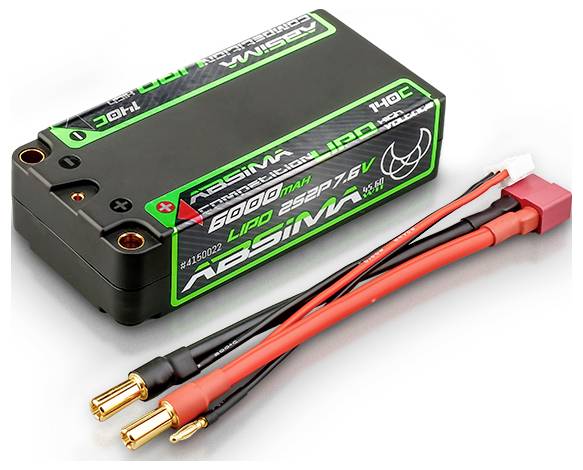 Batterie LiPo 6000mAh 7,6V 140C d'Absima. Un accumulateur rectangulaire noir avec deux câbles rouges et un connecteur blanc.