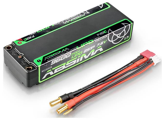 Pack d'accumulateurs pour véhicules RC, LiPo 9600 mAh, 7,6V, emballage noir avec des accents verts, deux câbles de connexion, fiches rouge et noire.