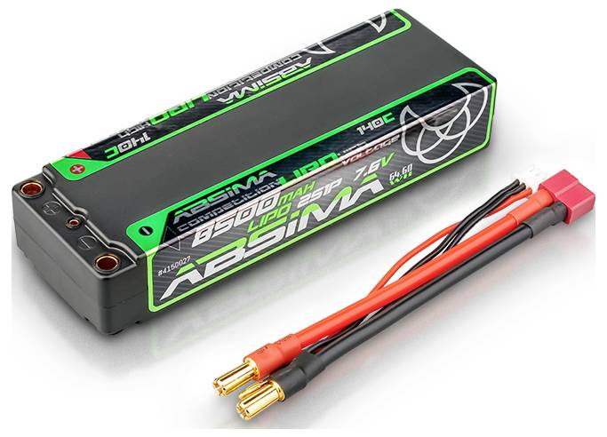 Batterie LiPo rectangulaire Absima de 8500 mAh et 7,6 V. Boîtier noir avec marquages verts et blancs. Deux câbles de connexion.