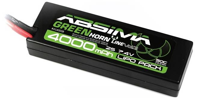 'Abisma Greenhorn Line V2.5' 4000 mAh 7,4V LiPo-Batterie, rectangulaire, noire avec marquage vert, câbles de connexion rouges et noirs.
