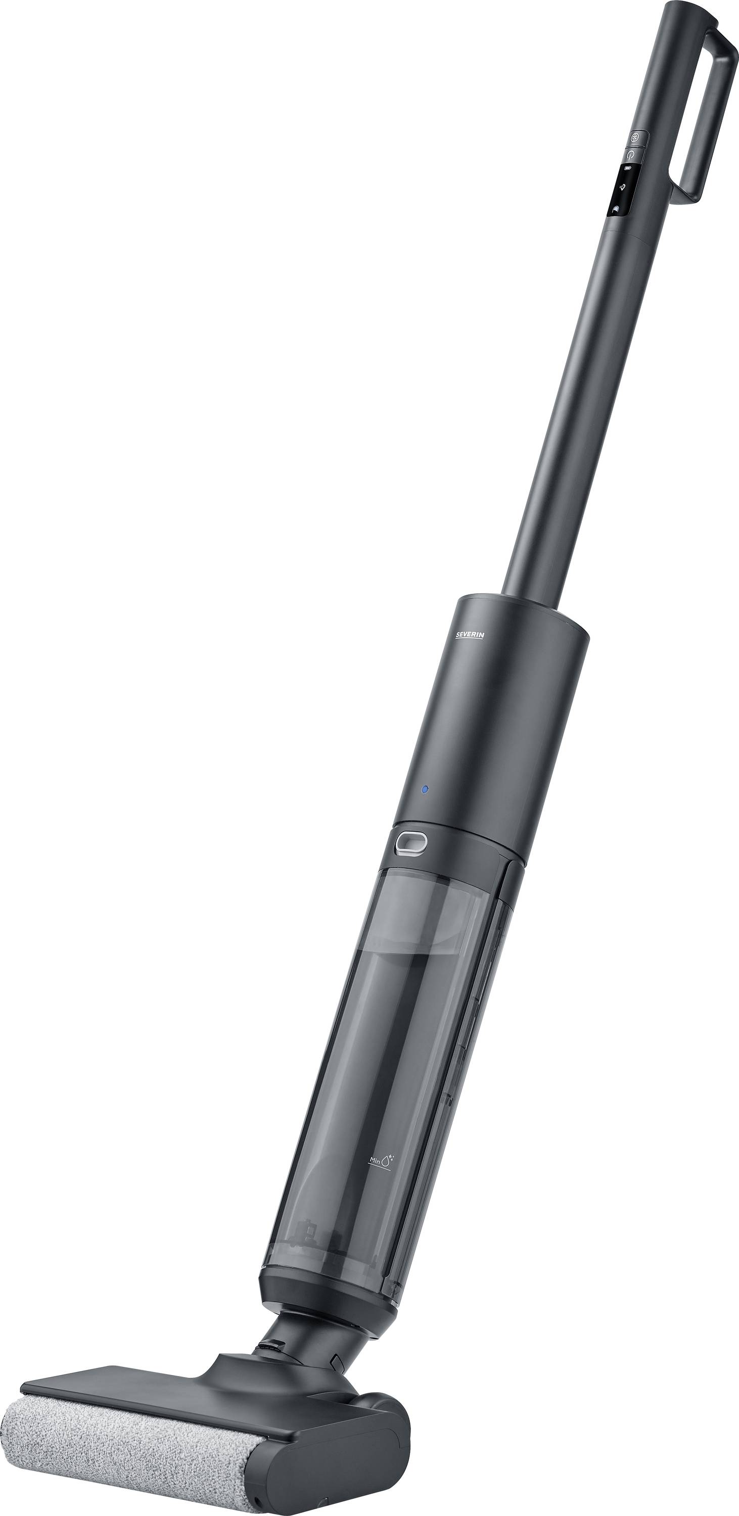 Aspirateur-balai sans fil, élancé et design sombre, équipé d'une brosse rotative, adapté aux sols durs et aux tapis.