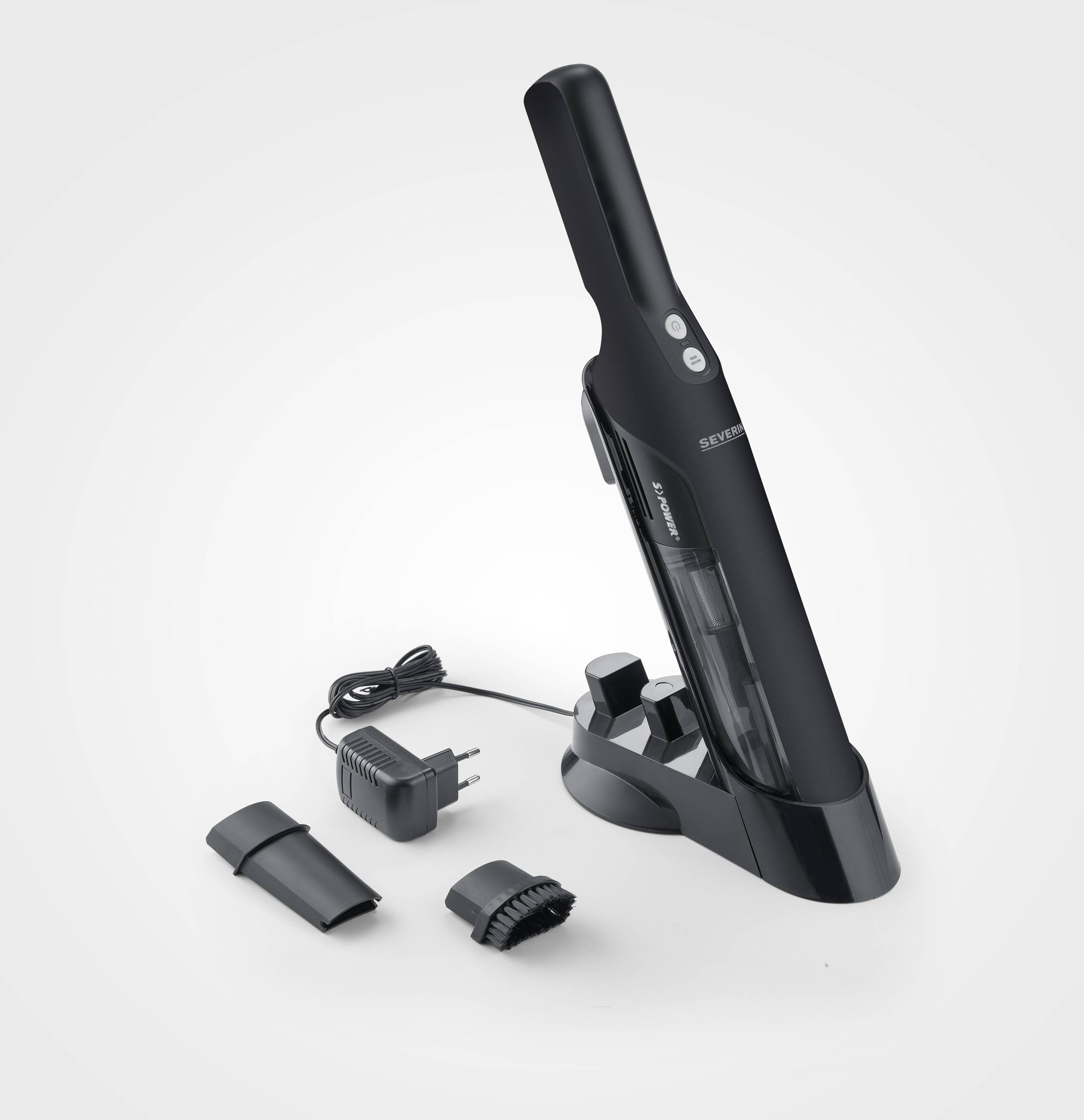 Aspirateur à main noir avec station de charge, embouts de brossage et câble de chargement. Adapté aux petites tâches de nettoyage domestiques.