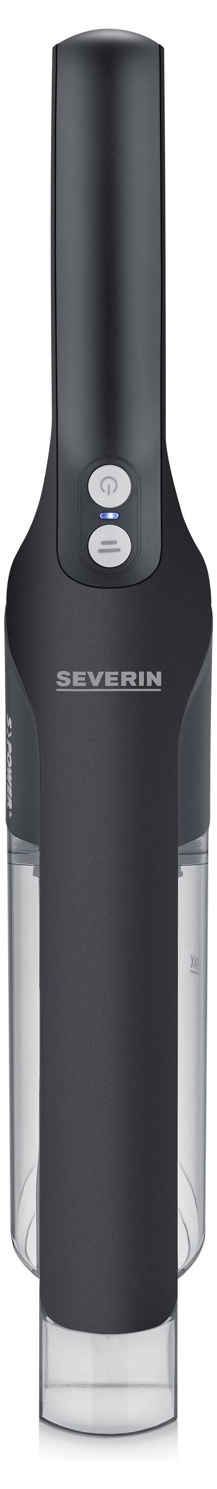 Un aspirateur à main sans fil noir au design moderne. Il dispose de deux boutons et affiche le nom de marque 'SEVERIN'.