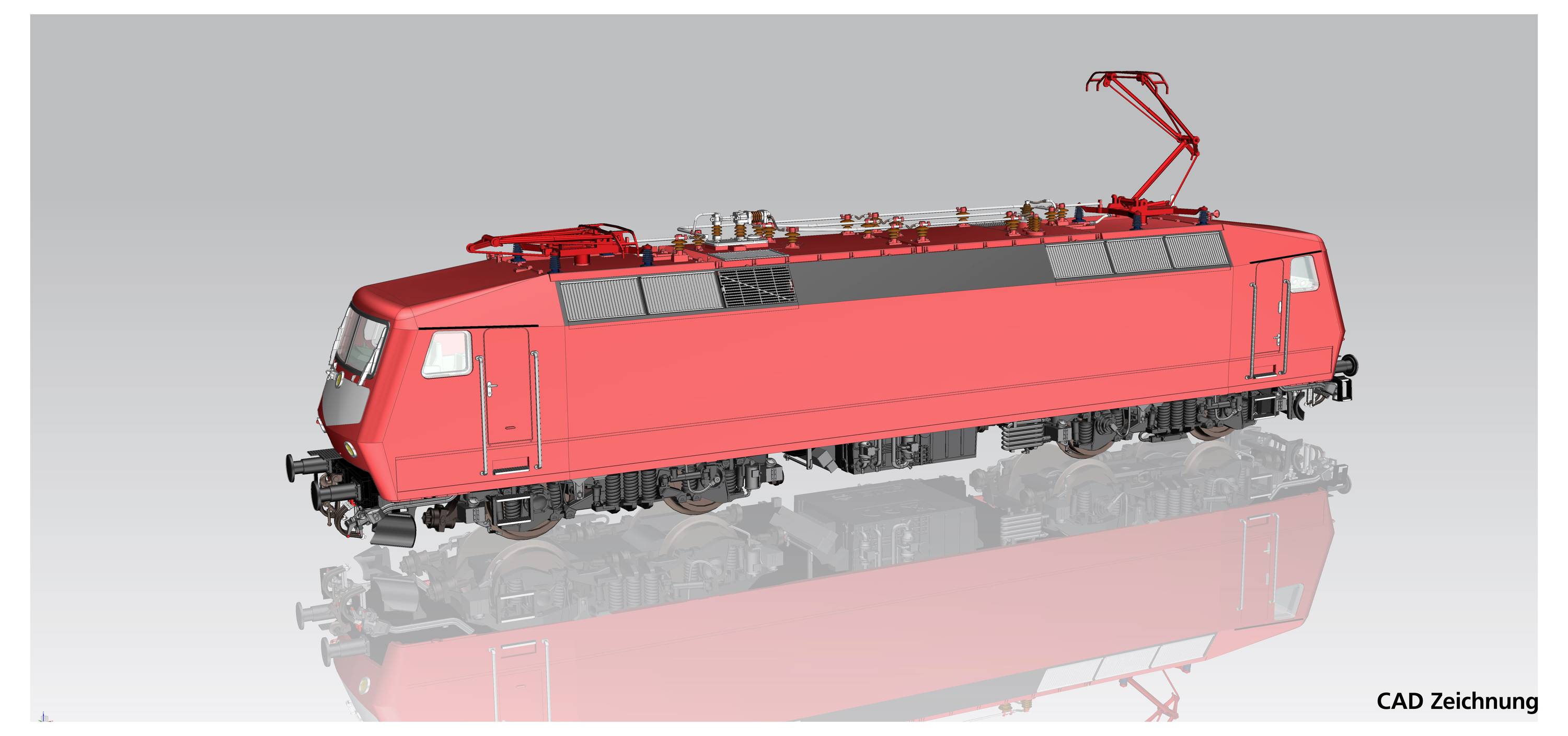 Une locomotive rouge, représentée comme un dessin CAO, montre les détails des pantographes supérieurs et des équipements latéraux.