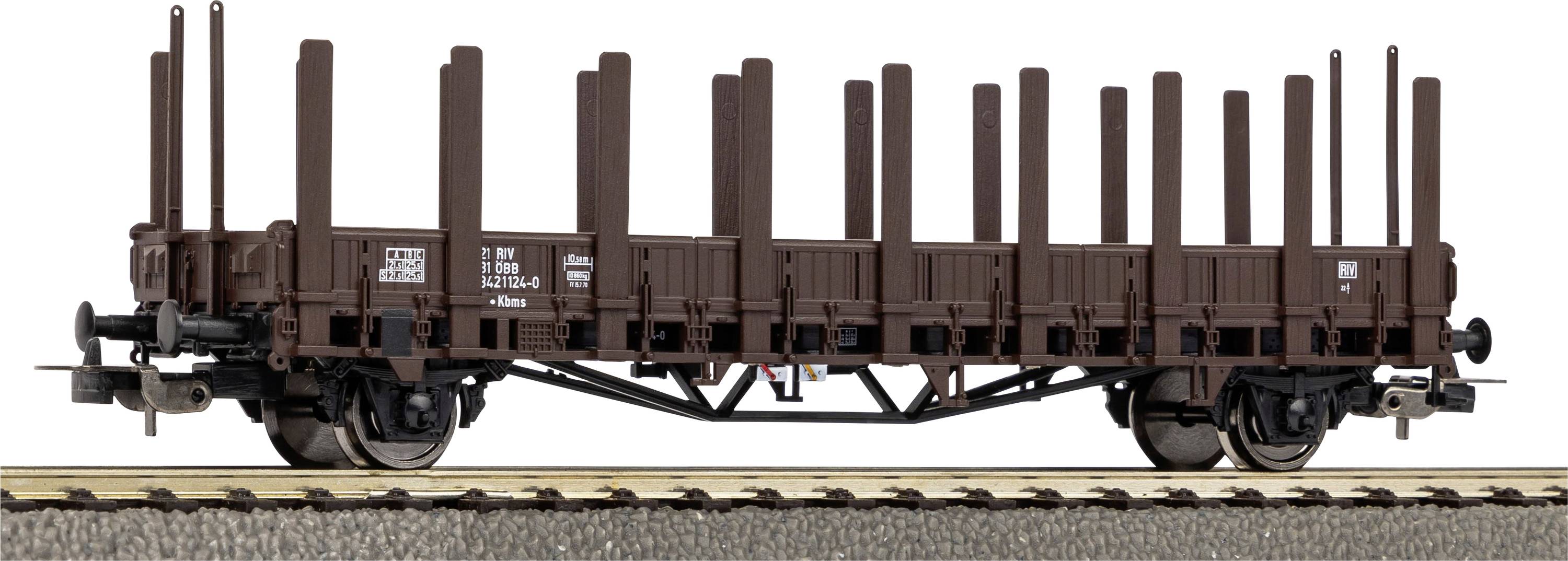 Un wagon de marchandises marron sans toit ni parois latérales sur un tronçon de rail, avec plusieurs supports verticaux le long des côtés.
