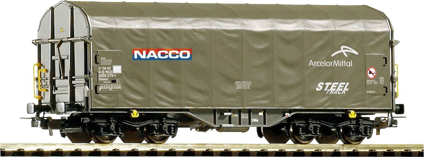 Wagon de marchandises à bâche brune, marqué des logos 'NACCO' et 'ArcelorMittal'. Utilisé pour le transport de matériaux.