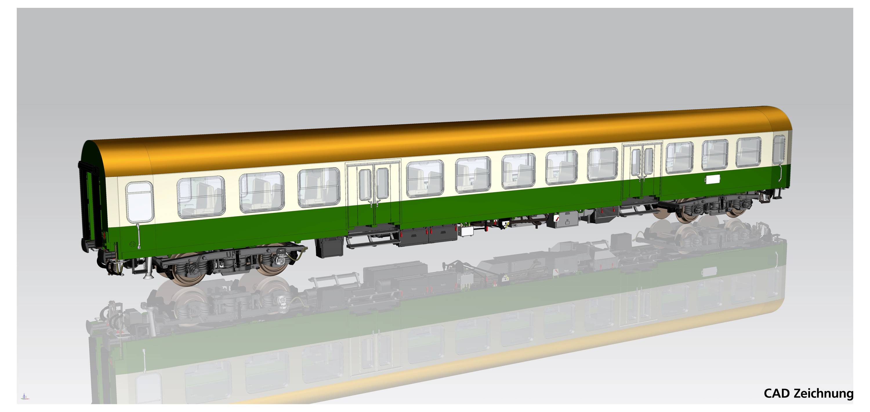 Dessin technique DAO d'une voiture de passagers en coloris vert et jaune, avec des fenêtres et des roues détaillées sur un fond réfléchissant.