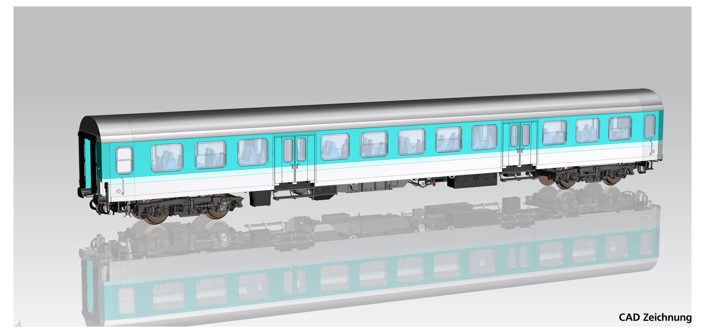Un dessin CAO d'un wagon moderne avec des surfaces latérales turquoise et blanches, représenté sur un fond réfléchissant.