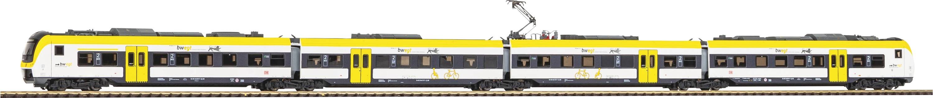 Modèle d'un train régional jaune et blanc sur des rails, composé de trois wagons, avec un pantographe en haut.