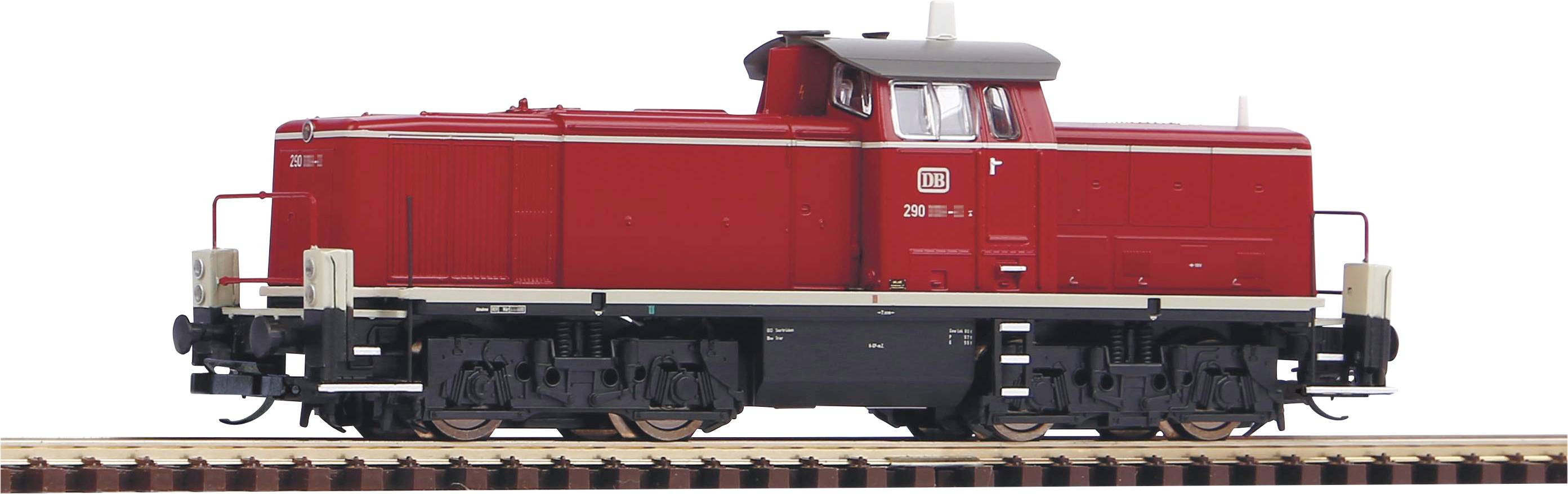 Une locomotive diesel rouge de la Deutsche Bahn sur des rails, vue de côté. Le numéro de la locomotive et le logo sont visibles.