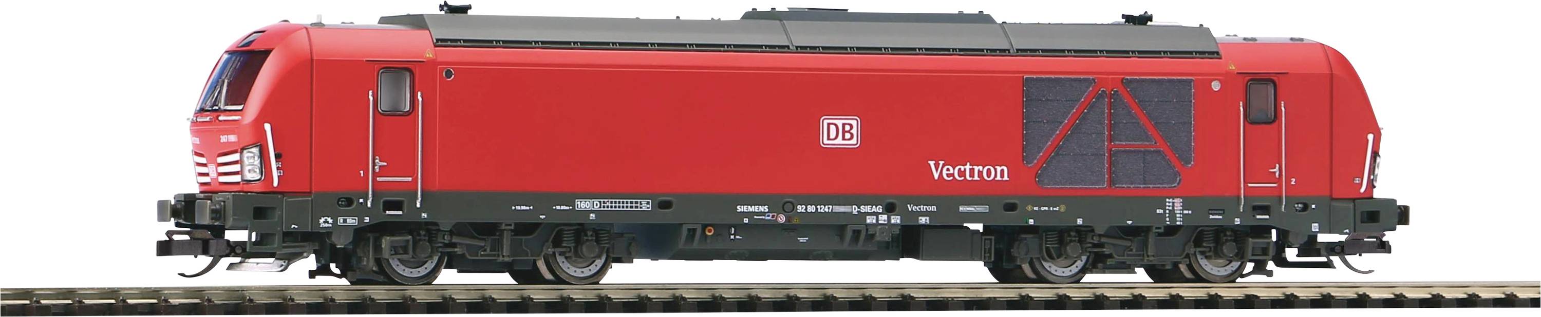 Une locomotive rouge de la DB avec l'inscription 'Vectron' sur les rails.