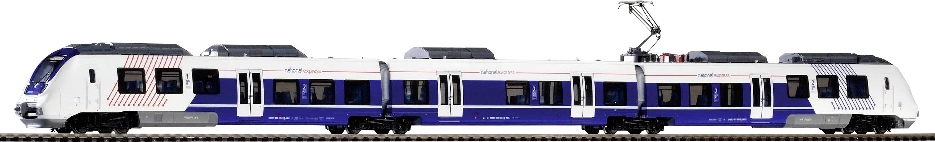 Un train électrique moderne bleu et blanc se déplace le long d'une voie ferrée. Il présente un design aérodynamique et dispose de caténaires.
