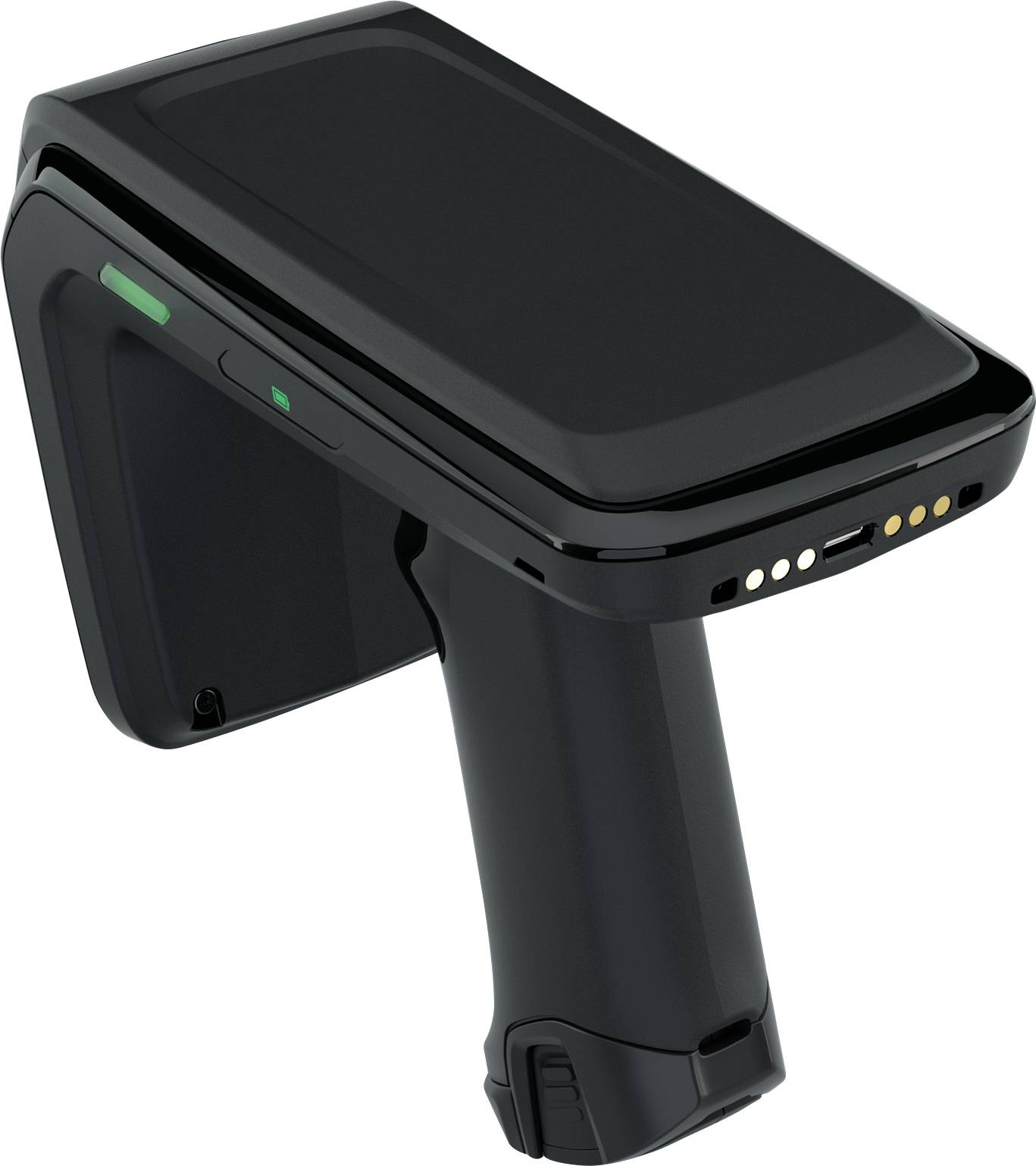 Un scanner portable noir avec une poignée, un indicateur LED vert et plusieurs ports en haut, adapté pour le scan de codes-barres et la collecte de données.