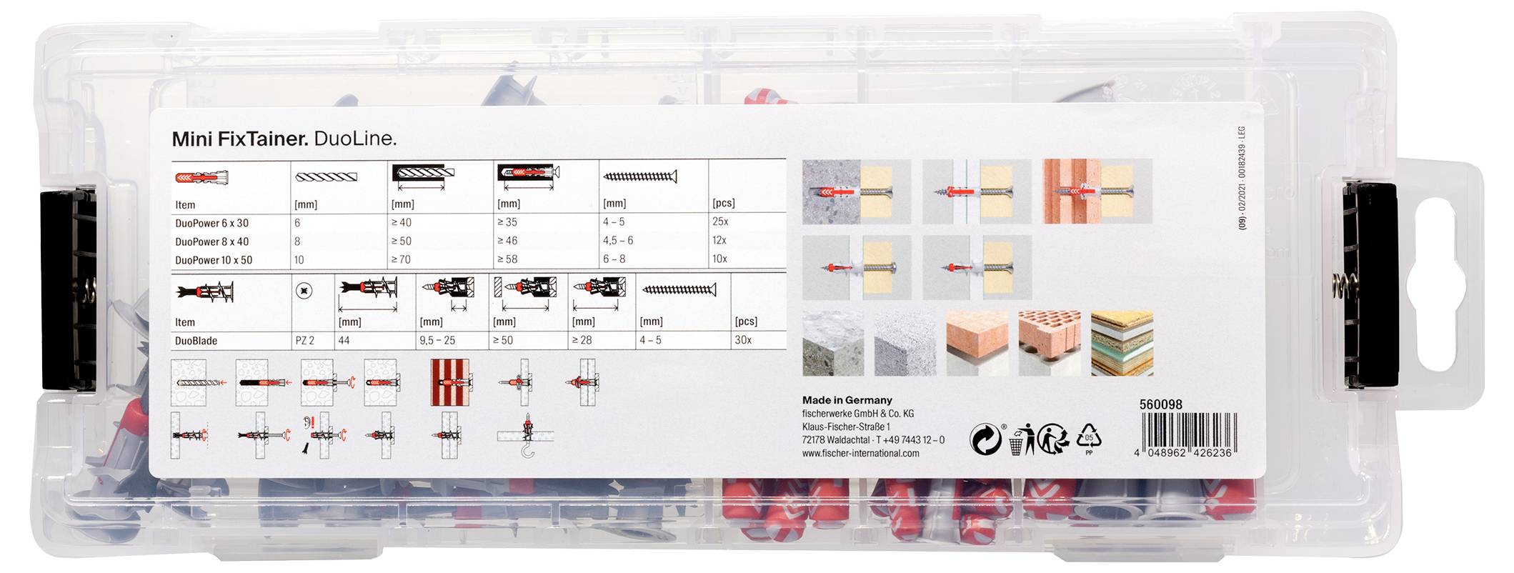 Boîte en plastique transparent avec accessoires de montage. L'étiquette indique les possibilités de fixation pour différents matériaux. Nom du produit : 'Mini FixTainer DuoLine'.