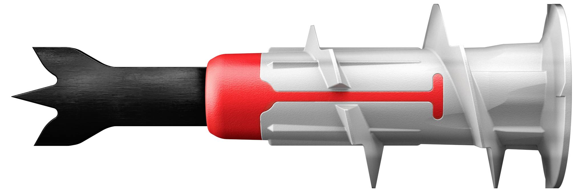 Un cheville en plastique avec foret intégré, adaptée pour la fixation dans différents matériaux de mur. Principalement en blanc et rouge.