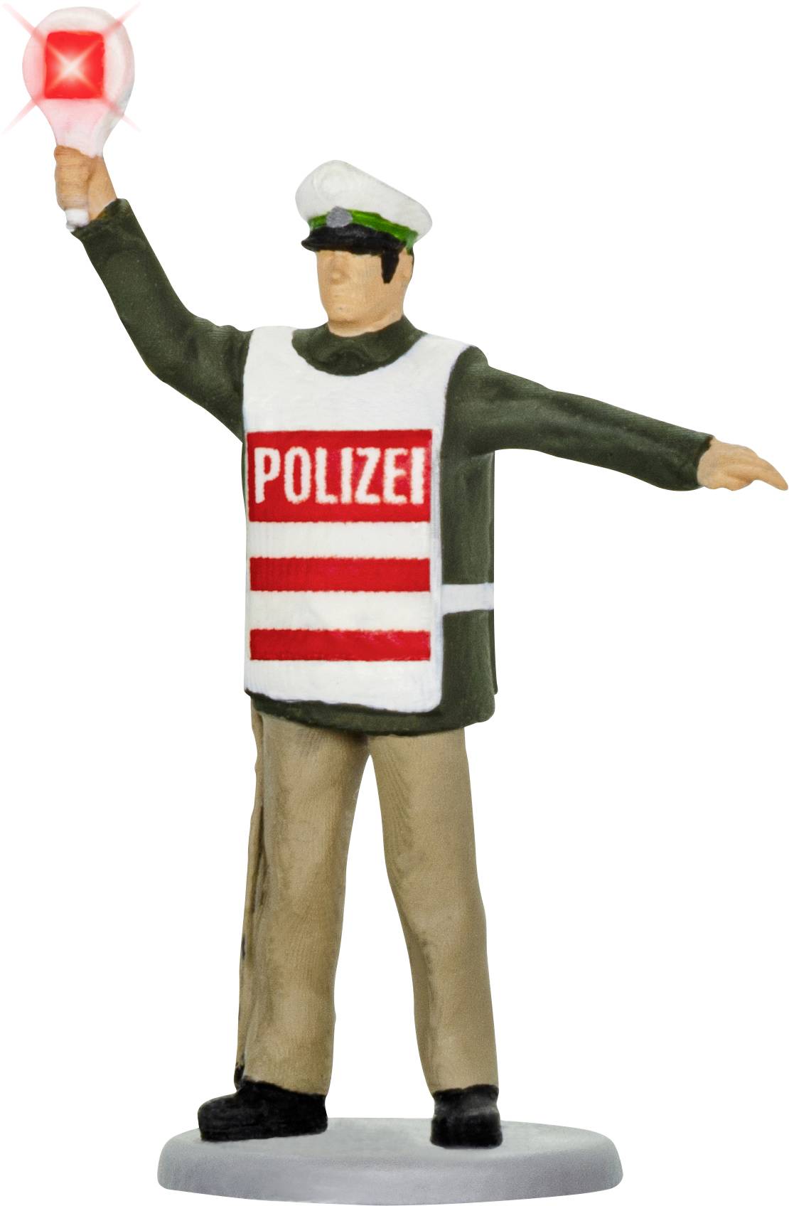 Une figurine d'un policier portant une casquette blanche et un gilet portant l'inscription 'POLICE', tenant un panneau rouge dans la main.