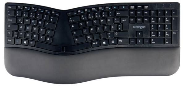 Clavier ergonomique au design ondulé ; deux parties séparées pour un confort amélioré et un repose-poignets intégré.