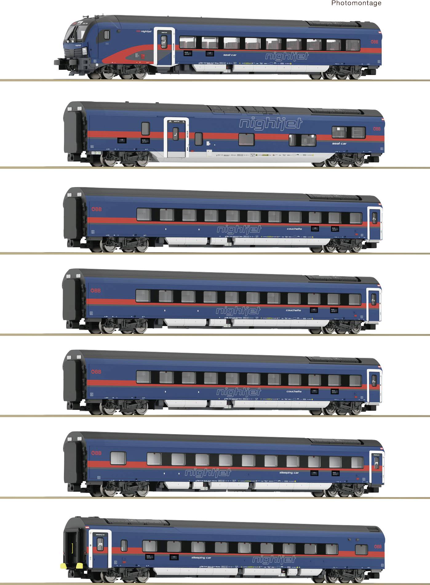 Une illustration de plusieurs wagons de train bleus alignés, présentés sous différentes perspectives. Les portes et les fenêtres sont visibles.