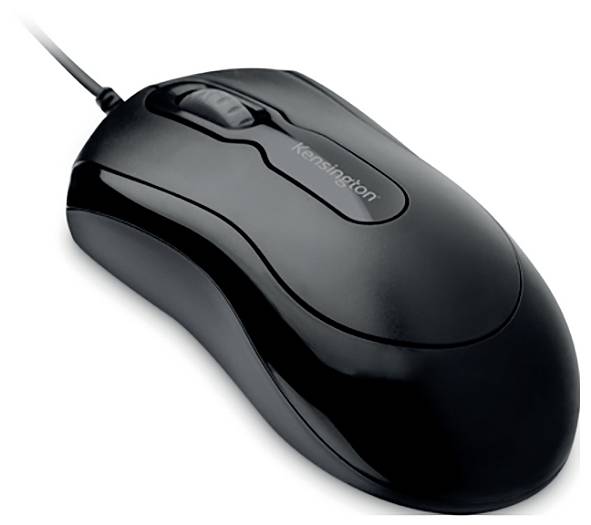 Une souris d'ordinateur filaire noire avec molette de défilement sur fond blanc.