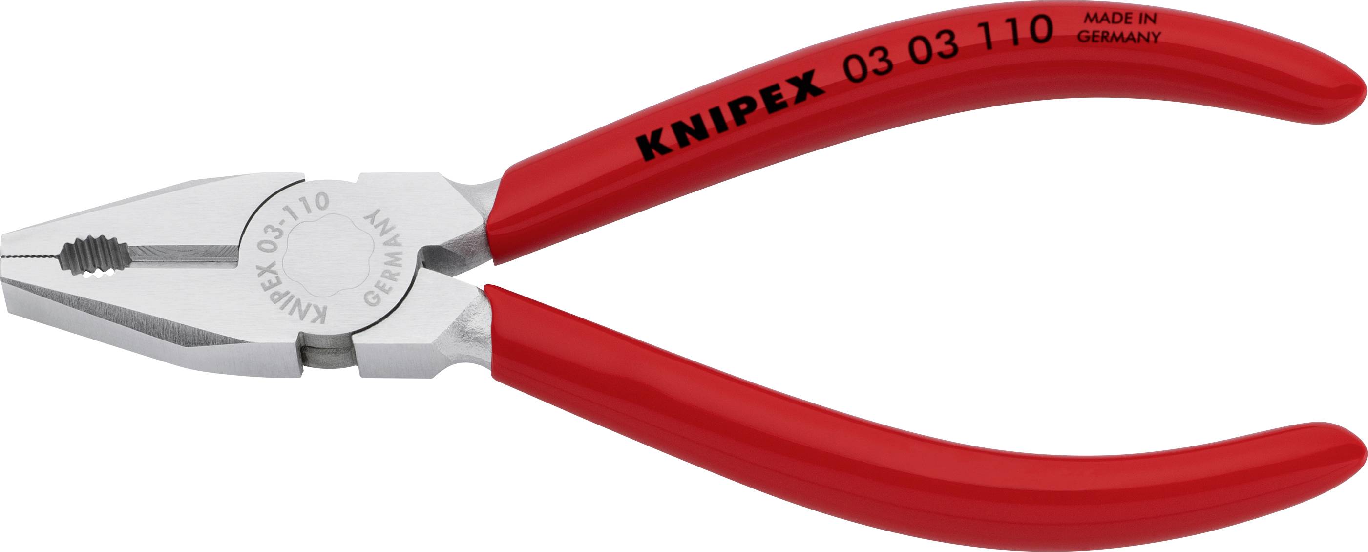 Pince combinée rouge portant l'inscription « Knipex 03 03 110 Made in Germany ».