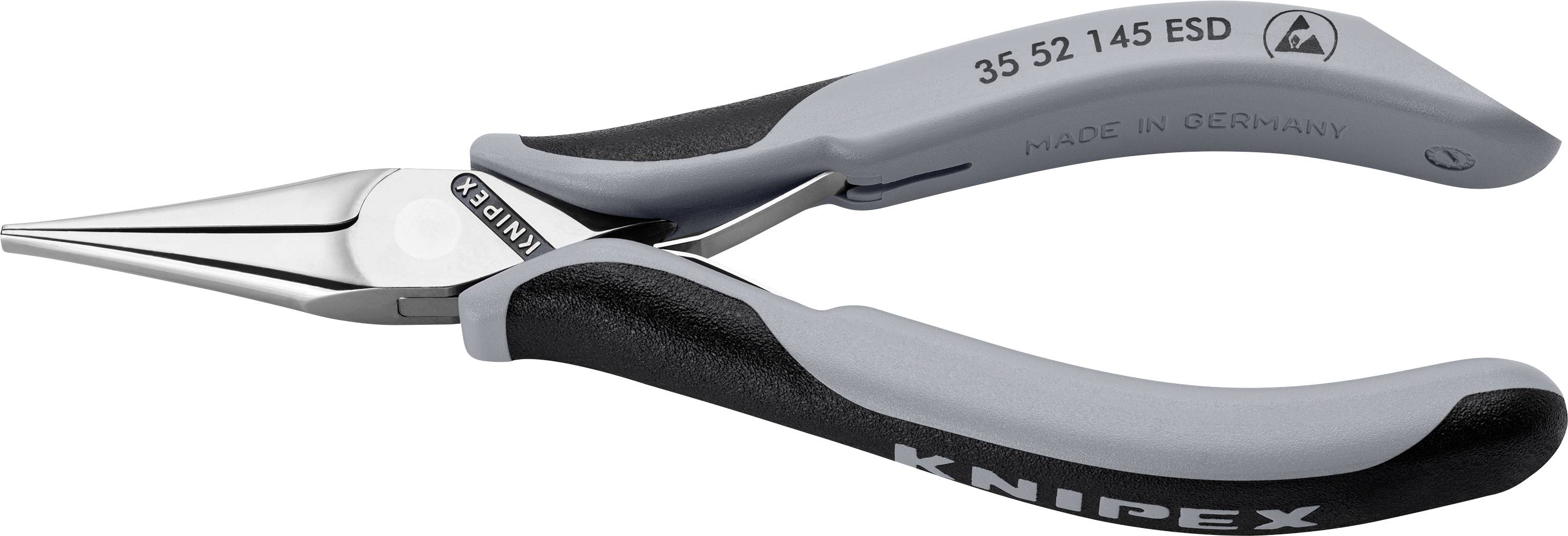 Pince pointue avec poignée grise, adaptée aux travaux de précision. Marquée 'Knipex' et 'Made in Germany'.