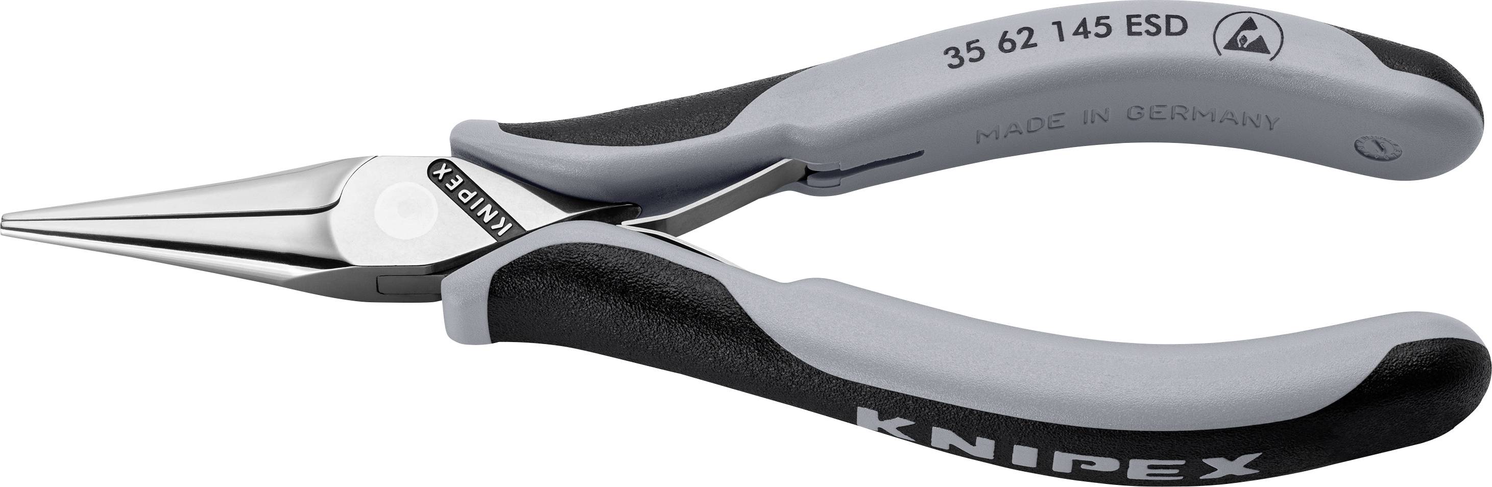 L'illustration montre une pince plate Knipex grise et noire portant l'inscription 'Made in Germany', adaptée pour une préhension précise.