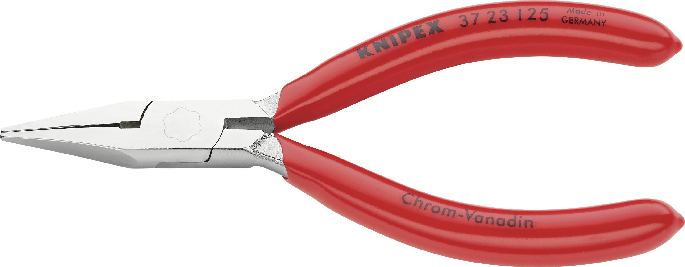 Pince coupante pointue rouge avec poignées isolées, adaptée aux travaux de précision en électronique. Inscription : 'Knipex' et 'Chrome-Vanadium'.