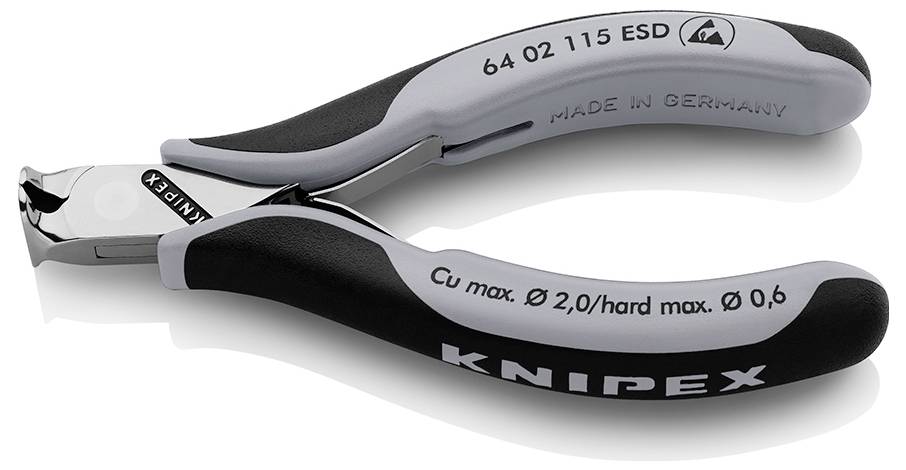 Une pince de précision gris-noir de la marque Knipex, adaptée pour les fils de cuivre jusqu'à 2,0 mm de diamètre. Fabriqué en Allemagne.
