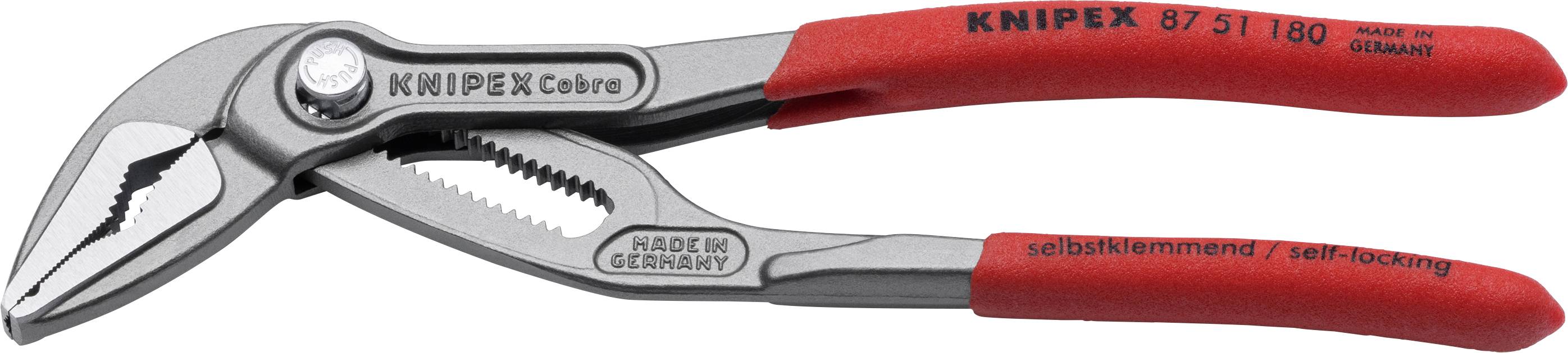 Une pince Knipex avec des poignées rouges et une tête argentée. Sur la poignée, il est inscrit 'autobloquant/self-locking', fabriquée en Allemagne.