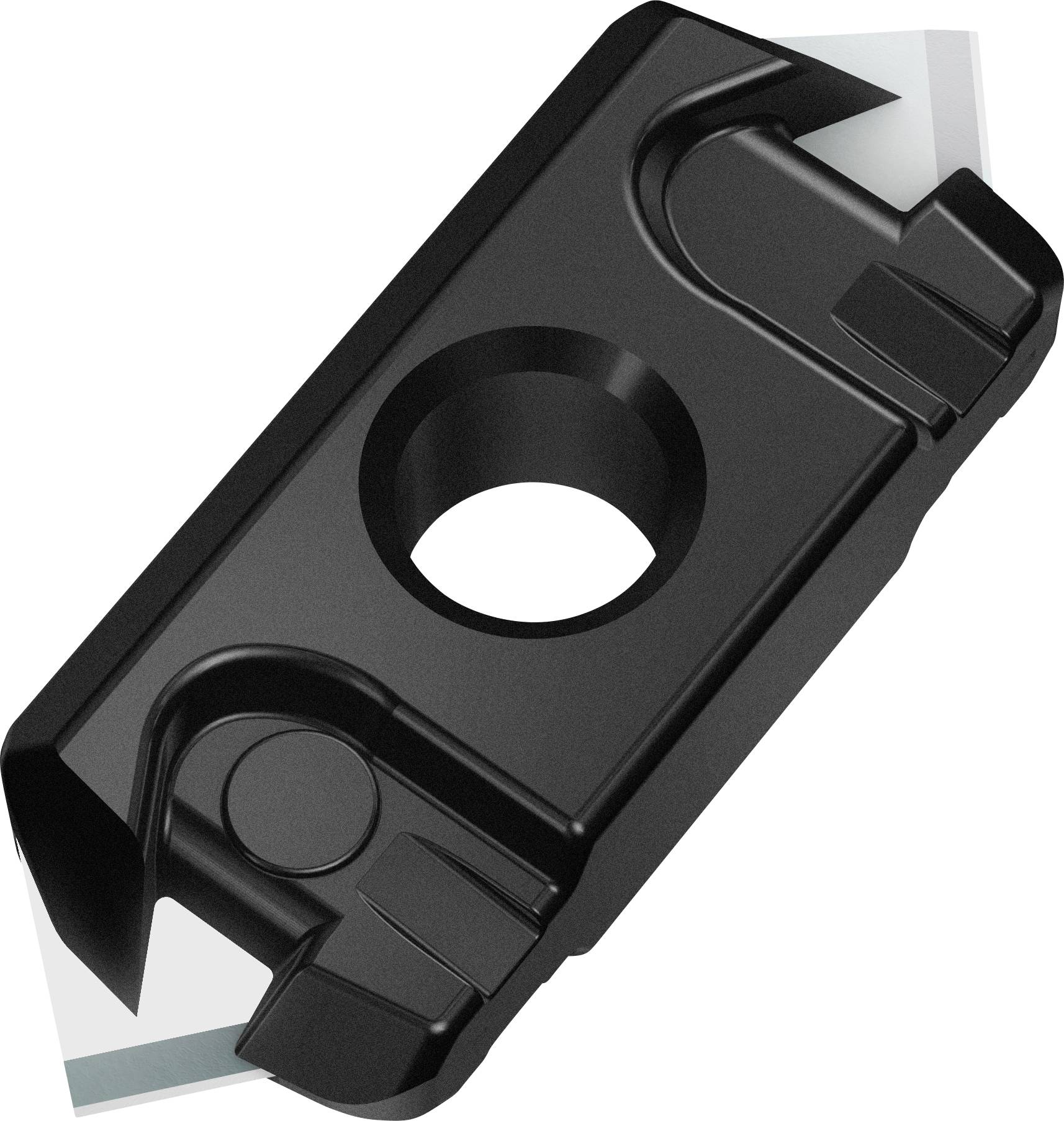 Pince métallique noire avec un trou central et des encoches latérales sur un fond clair, utilisée pour la fixation dans les machines.