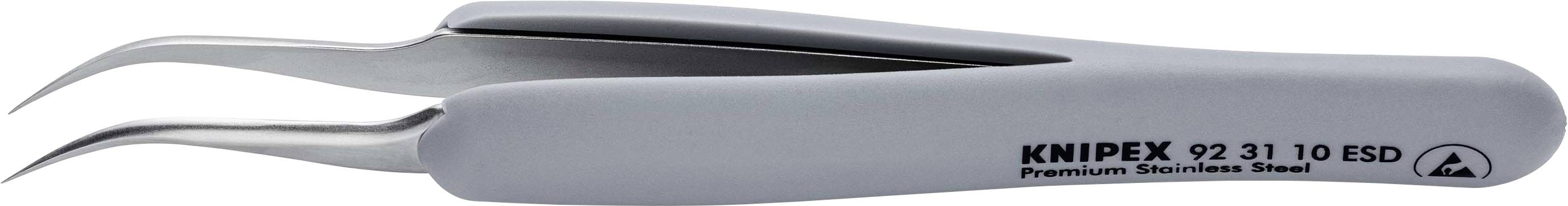 Pince de précision grise aux pointes courbées, marquée 'KNIPEX 92 31 10 ESD', adaptée aux travaux fins, antistatique.