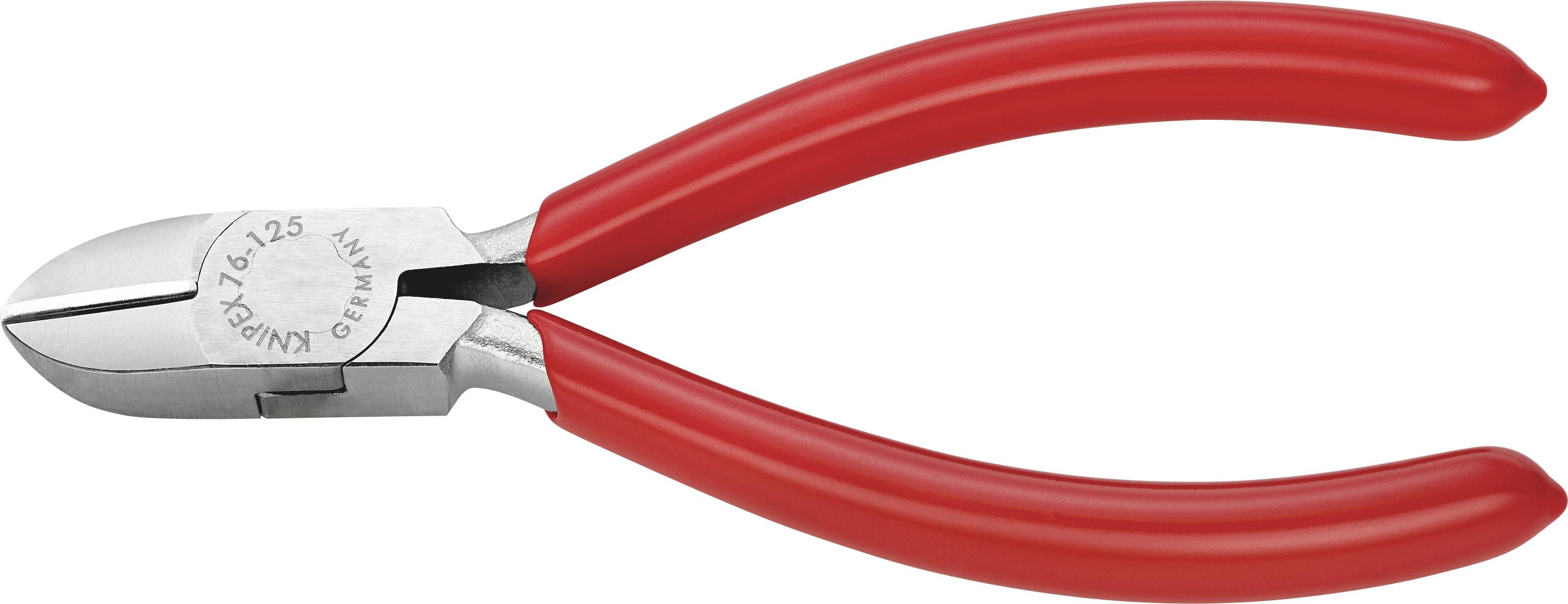 Pince coupante avec poignées rouges, adaptée pour couper des fils et des câbles. Lames en métal argentées.