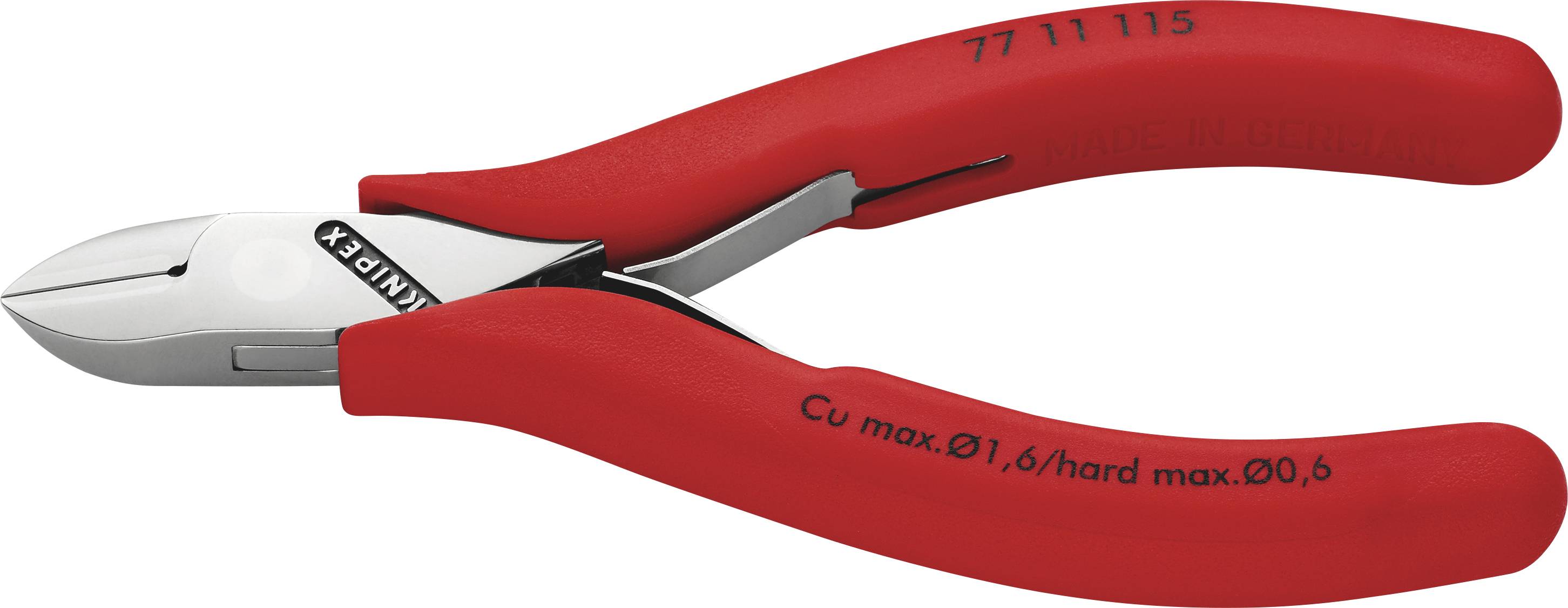 Pinces coupantes latérales avec poignées rouges, adaptées pour le cuivre (max. Ø 1,6 mm) et le fil dur (max. Ø 0,6 mm). Numéro de modèle 77 11 115.