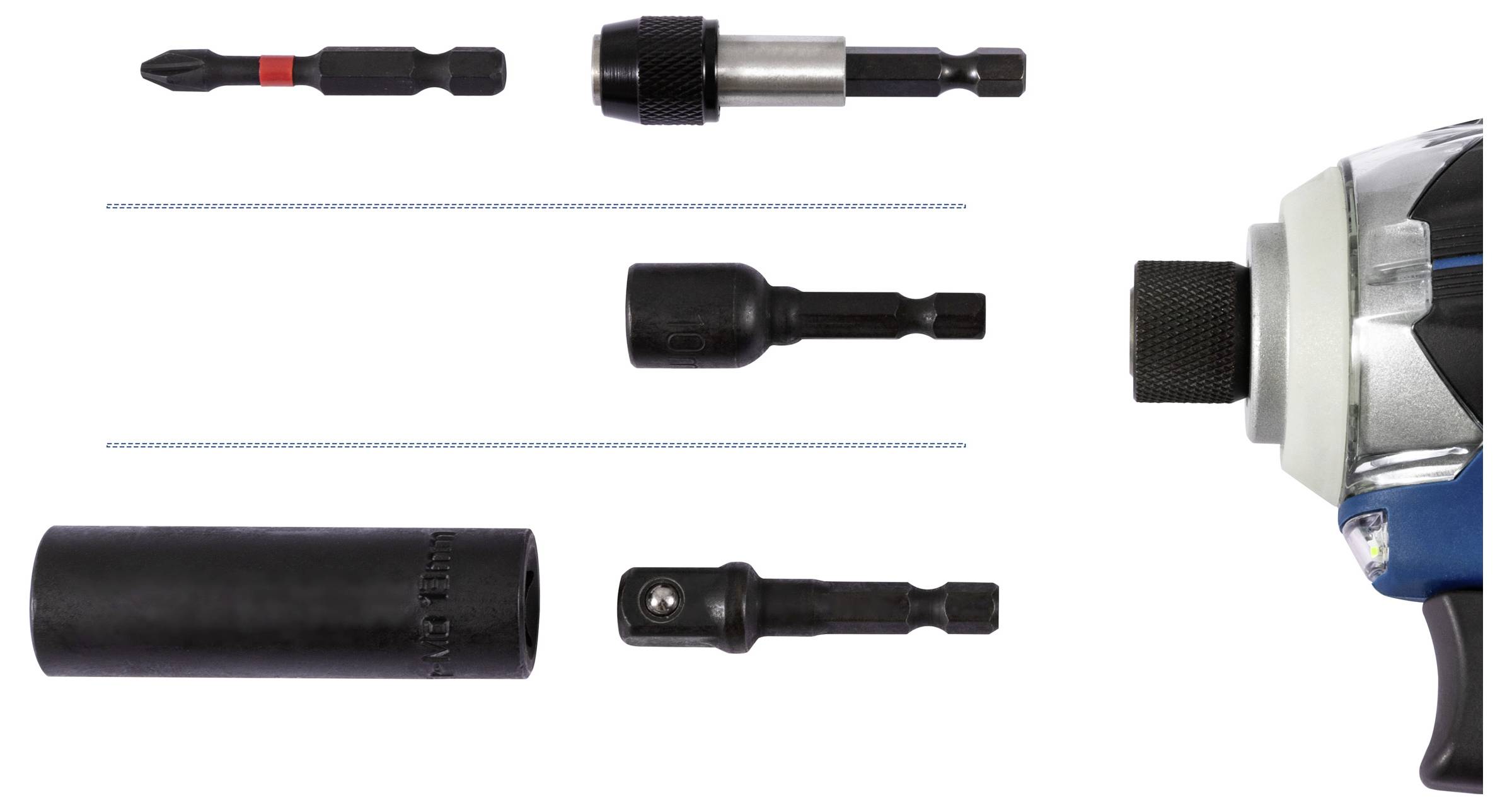 Un outil électrique avec différentes mèches de perceuse et d'embouts de vissage, comprenant des adaptateurs de douille et des rallonges, est présenté à côté de lui.