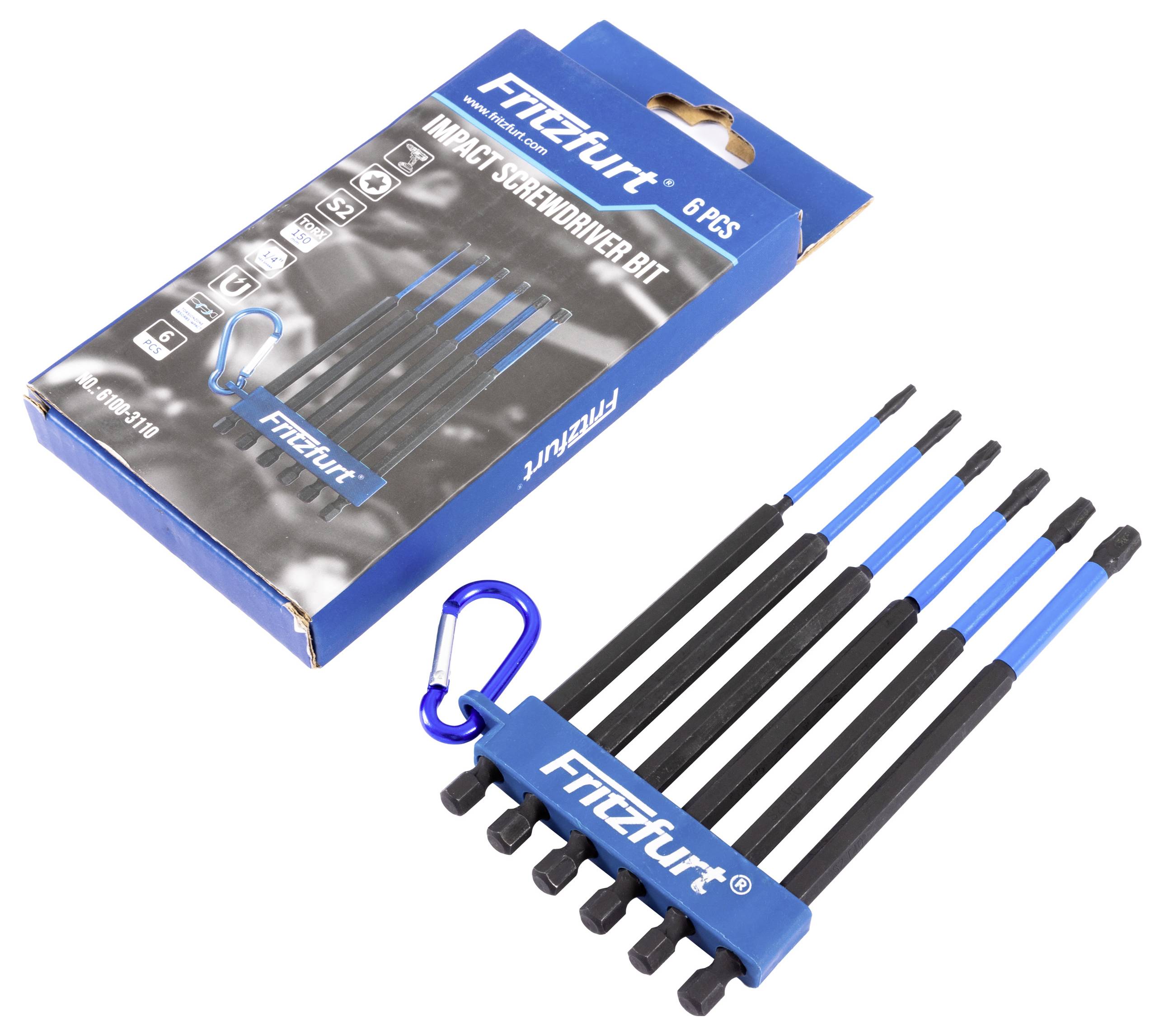 Un ensemble de six embouts de tournevis à choc avec poignée bleue, dans un boîtier de rangement bleu, équipé d'un mousqueton bleu pour un rangement facile.