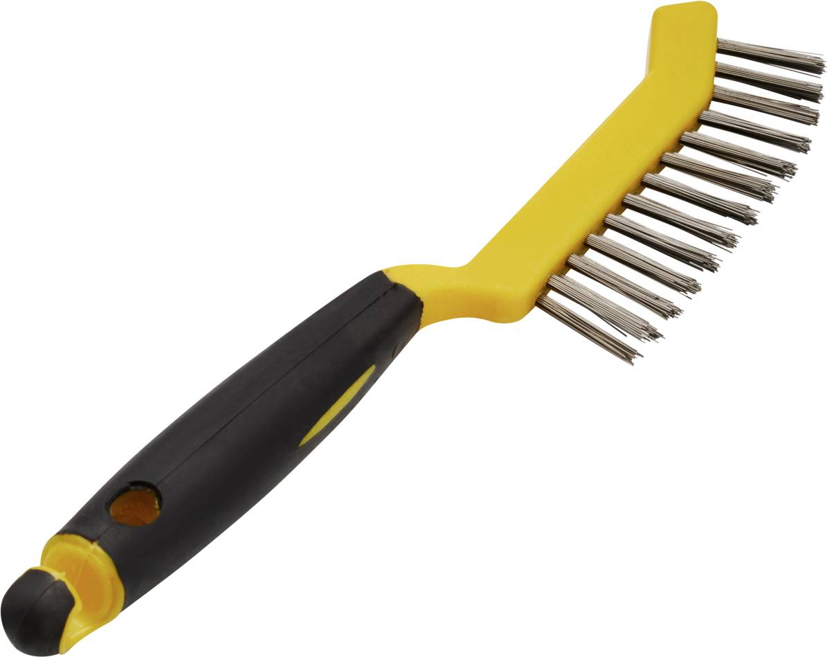 Brosse métallique jaune avec manche noir, adaptée pour nettoyer les surfaces rouillées ou peintes.