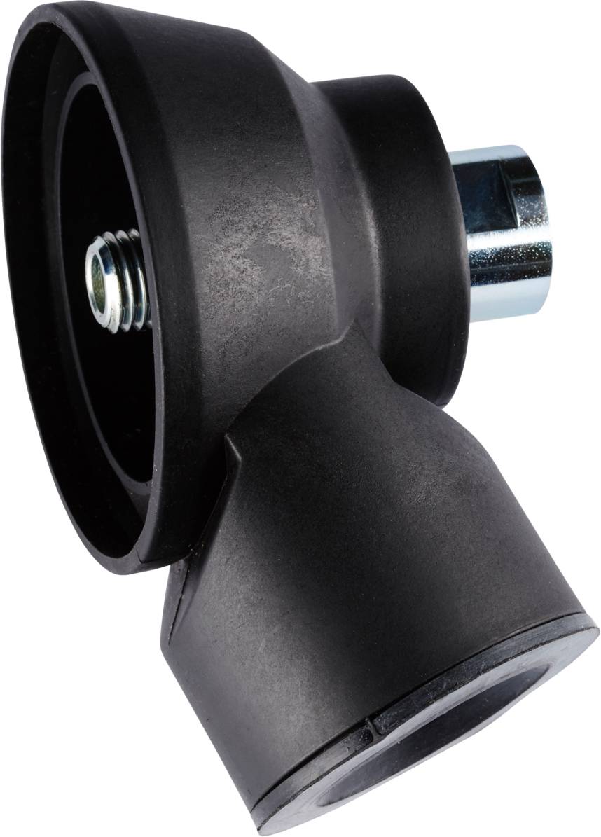 Pièce en plastique noir avec connexion filetée en métal argenté, probablement un adaptateur ou un composant de fixation.