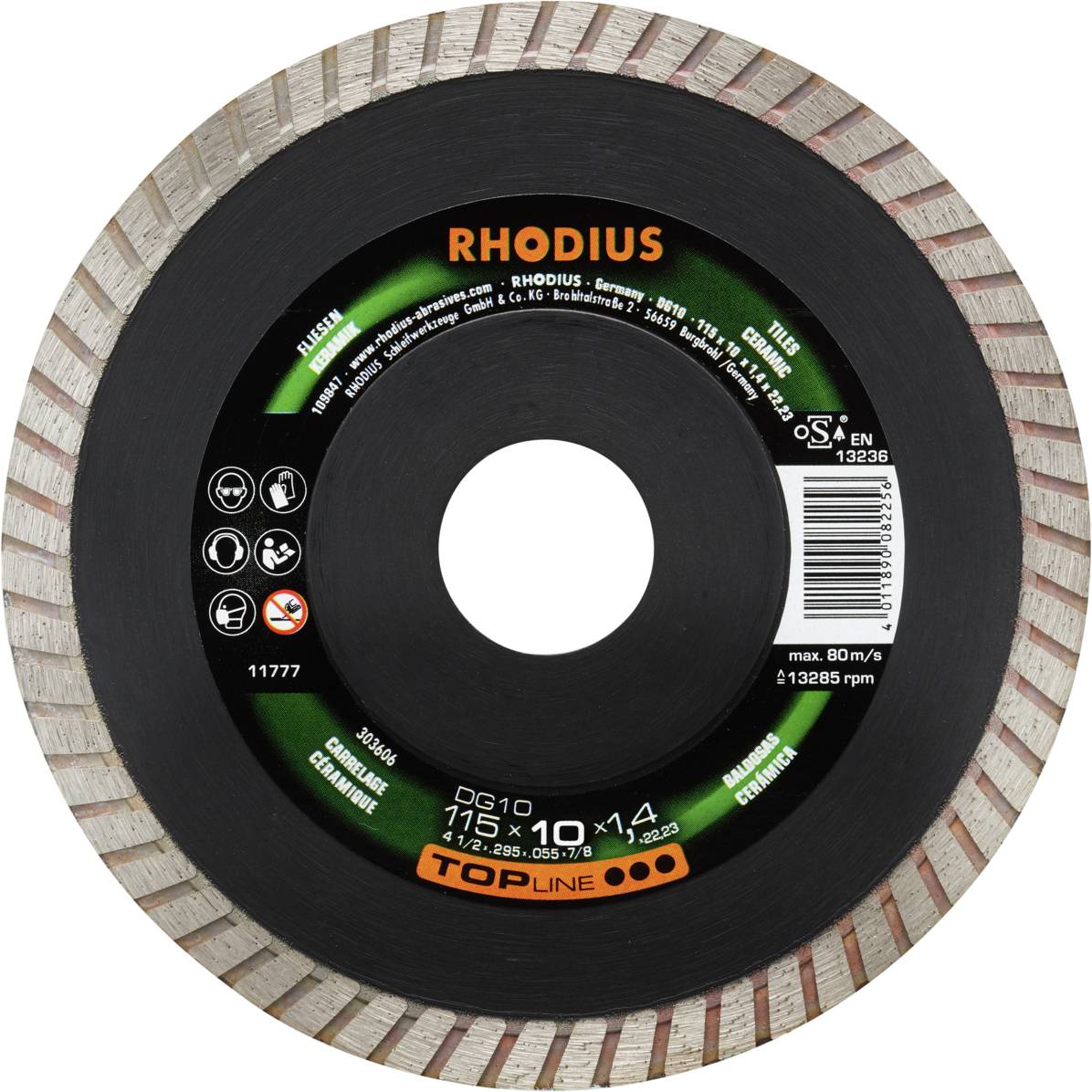 Disque à meuler portant l'inscription 'RHODIUS', modèle DG10, 115 x 10 x 14, adapté pour 80 m/s, pour applications de construction.