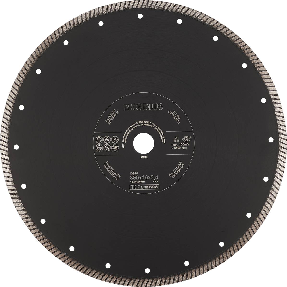 Un disque de coupe noir portant l'inscription 'RHODIUS', adapté pour des matériaux tels que le granit et le béton, diamètre 350 mm, alésage 25,4 mm.
