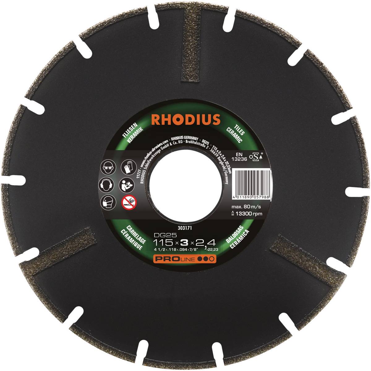 Disque de coupe circulaire en céramique avec segments, marque 'RHODIUS'. Diamètre : 115 mm, épaisseur : 2,2 mm. Vitesse de rotation maximale : 13 300 tr/min.